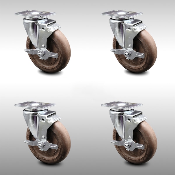 5 Inch SS High Temp Glass Filled Nylon Swivel Top Plate Caster Set with Brake